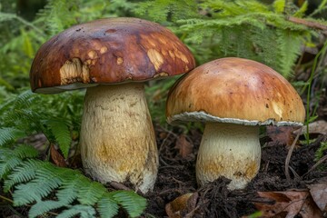 Curious mushrooms growing together in a lush forest underbrush, showcasing nature&rsquo;s vibrant colors during a sunny afternoon. Generative AI