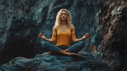 Woman in Lotus Position Meditating on Rocky Cliffside Capturing Inner Peace and Stability
