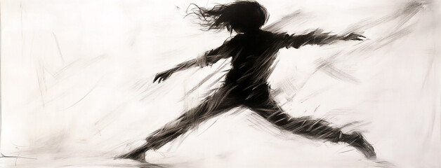 Obraz premium Black charcoal pencil drawing of a small active kid dancing in white background with live performance