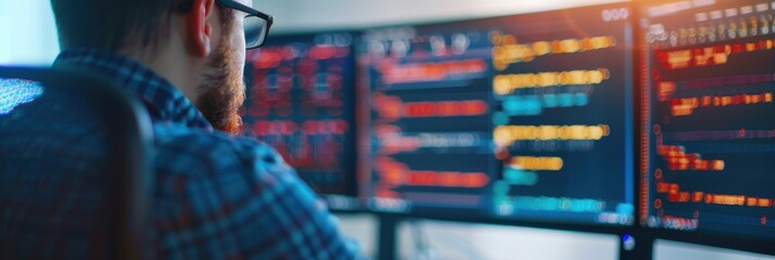 Software developer working intensely on multiple screens with code. Focused on debugging and programming in a modern office environment.