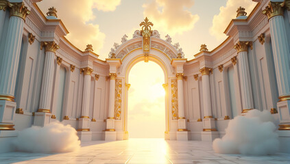 Obraz premium Shimmering golden heaven gates in the sky, celestial archway, golden light, radiant clouds, divine bridge,