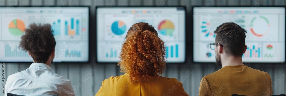 Poster three professionals analyze data on multiple screens in a modern office setting, focusing on busines