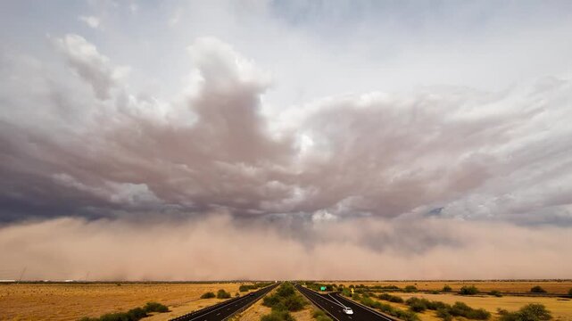Sandstorm in the desert and sand , red sand, above the highway