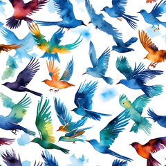 Obraz premium Watercolor seamless pattern of birds flying in a light blue sky on a bright day.