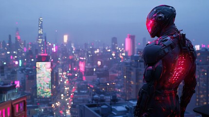 A superhero in a high-tech suit equipped with various gadgets and glowing elements, standing on a rooftop overlooking a city.