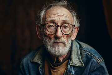 Obraz premium Portrait of a mature Caucasian male with glasses and beard wearing a denim jacket, looking directly at the camera, illustrating aging, wisdom, and life experience.