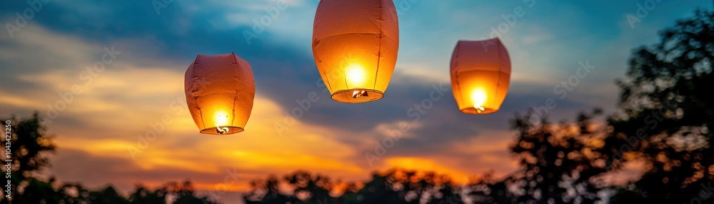 Aufkleber floating lanterns illuminate the twilight sky, creating a serene atmosphere against a backdrop of si