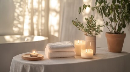 Bathroom serenity: A white table decorated with candles, a cotton towel, and a small potted plant, set in a softly lit space.