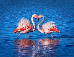 Two pink flamingos making a heart shape