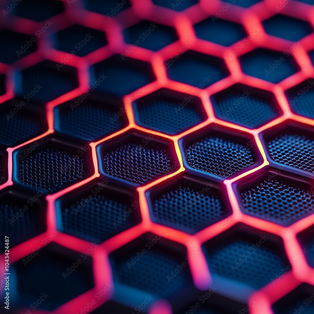 Poster a vibrant close-up of a hexagonal pattern, showcasing glowing edges against a dark background, highl