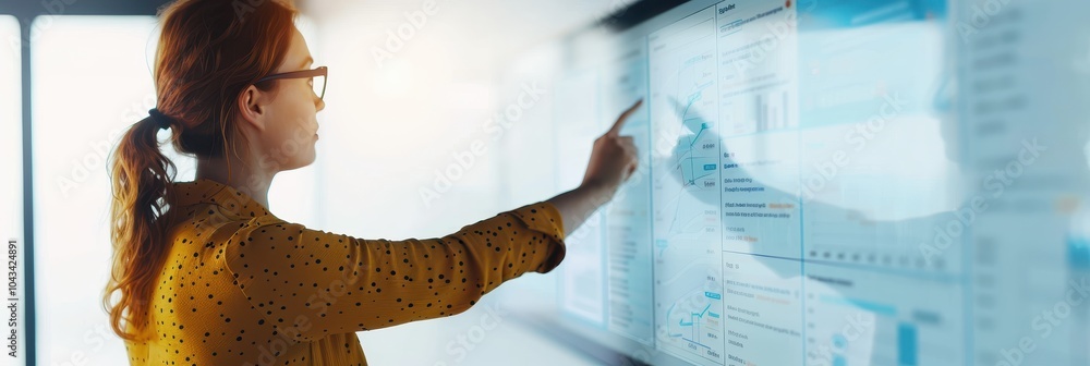 Poster woman analyzing data on a digital touchscreen, focusing on graphs and charts in a modern office envi