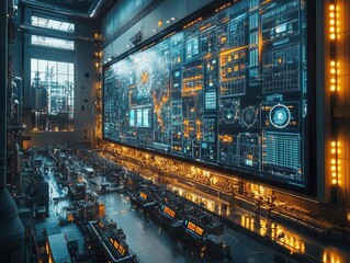 Obraz premium technicians engaged in complex tasks inside a power plant, surrounded by machinery and screens, showcasing teamwork and the intricacies of energy production in a realistic industrial setting