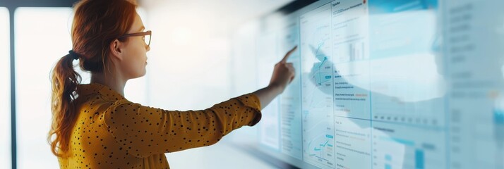 Woman analyzing data on a digital touchscreen, focusing on graphs and charts in a modern office environment.