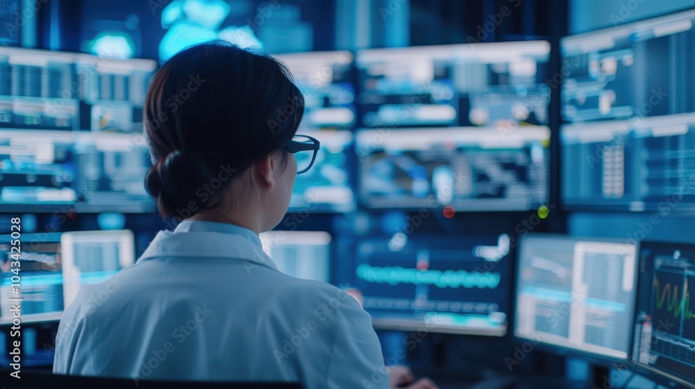 Poster woman analyzing data on multiple screens in a high-tech control room, focusing on finance or cyberse