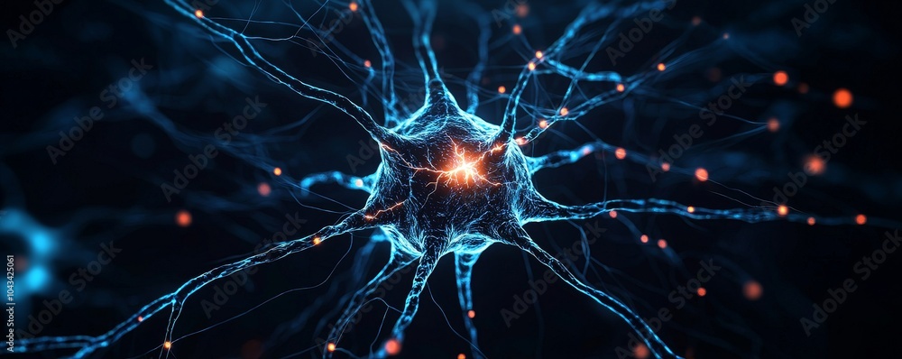 Poster a vivid depiction of a neuron, showcasing its intricate structure and connections, illuminated with 