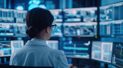 Woman analyzing data on multiple screens in a high-tech control room, focusing on finance or cybersecurity monitoring.