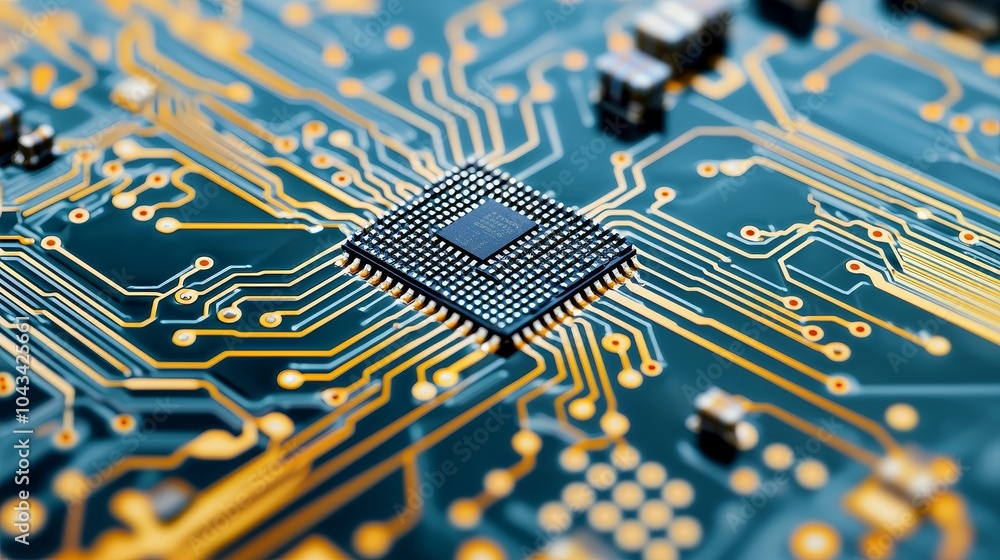 Poster a close-up of a microchip on a circuit board, showcasing intricate pathways and connections, highlig