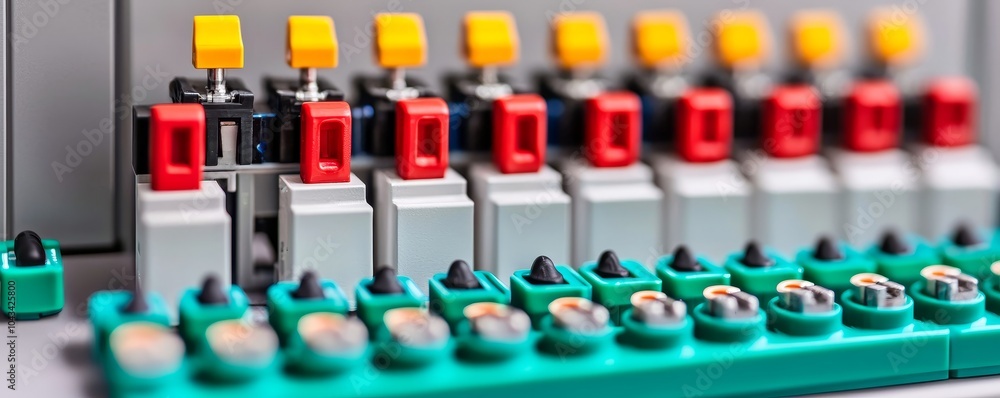 Poster a close-up of colorful push buttons and connectors on a control panel, showcasing vibrant colors and