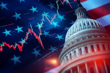 A stylized image featuring the U.S. Capitol building in front of a flag backdrop, with a stock market trend graph overlay, symbolizing finance and governance.