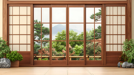Traditional Japanese Shoji Door with Paper Panels in a Serene Interior Setting