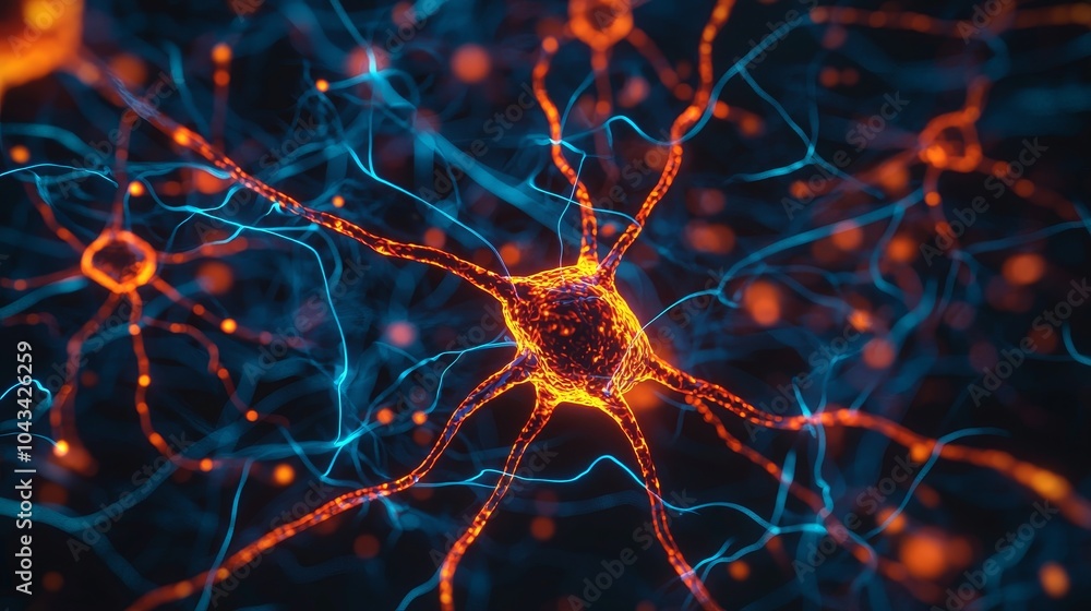 Poster a vibrant depiction of interconnected neurons, showcasing their intricate structure and glowing path