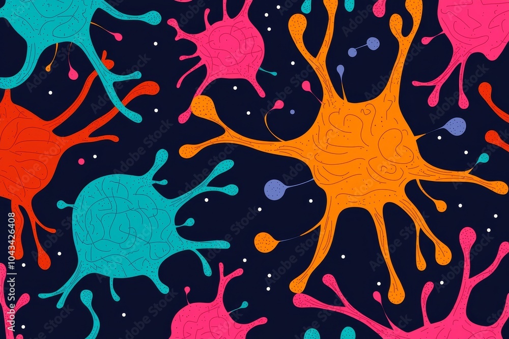 Poster a vibrant design featuring colorful splatter shapes on a dark background, creating a playful and dyn