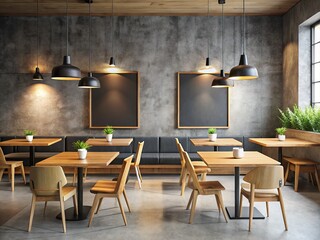 Sleek blackboards contrast against a raw concrete wall.