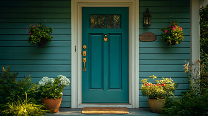 Fototapeta premium Vibrant Green Front Door of a Cozy Neighborhood House Surrounded by Lush Greenery