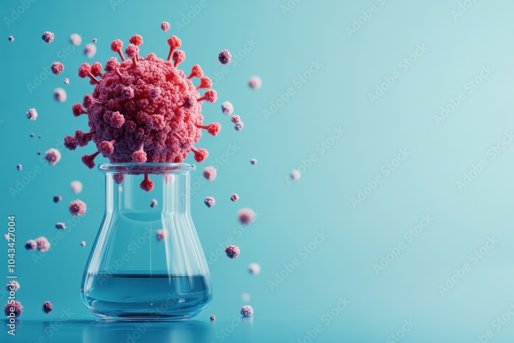 Aufkleber laboratory experiment showcasing a virus model floating above a flask filled with clear liquid