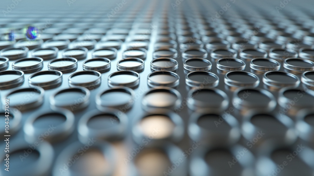 Poster a close-up view of metallic circular patterns, showcasing reflections and shadows on a textured surf