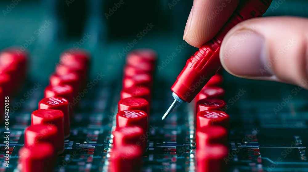 Poster a close-up of a hand manipulating a red device on a circuit board, highlighting precision in electro