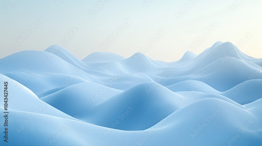 Poster light blue abstract landscape with soft hills and valleys, creating a minimalist and calming scene.