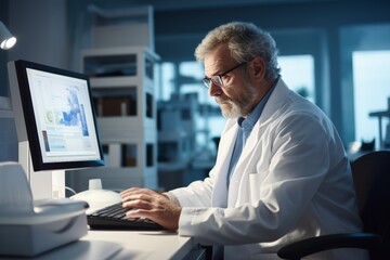 A senior Caucasian male doctor focused on his work at a desktop computer in a medical office setting during evening hours