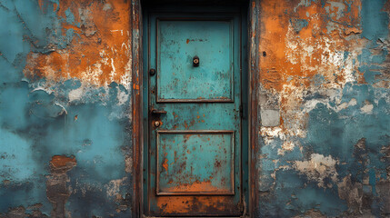 Vintage Metal Door with Rust and Peeling Paint in a Weathered Setting