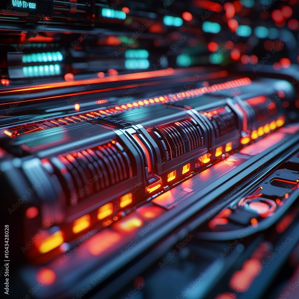 Poster a vibrant, close-up view of glowing server components, showcasing led lights and intricate technolog