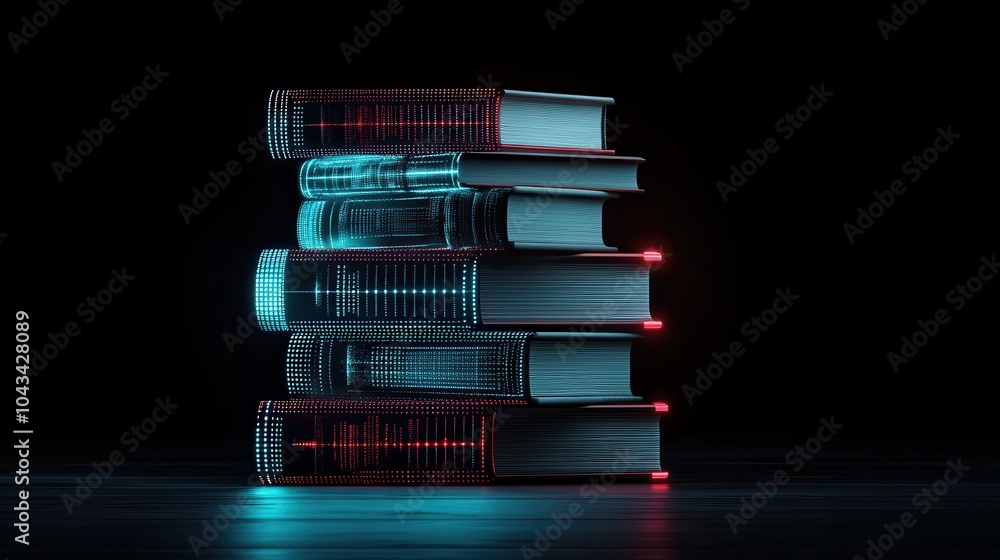 Poster illuminated stack of digital books on a dark background a modern take on literature