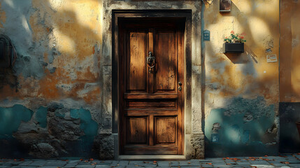 Vintage Wooden Door with Intricate Metal Detailing in an Old European Setting