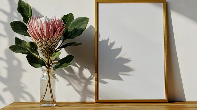 A gold vintage frame mockup is leaning against the wall with a pink king protea flower in a vase.