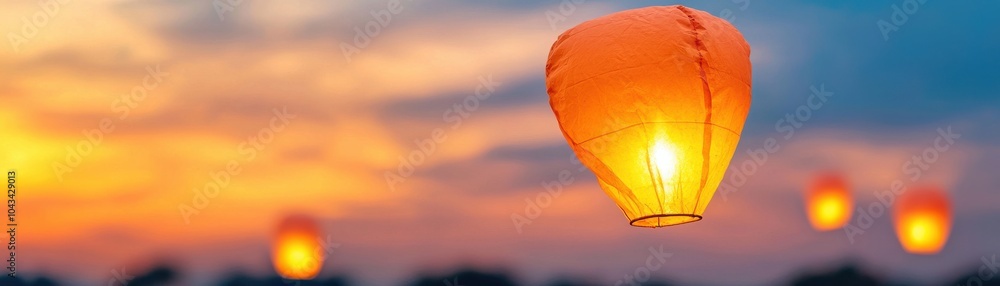 Poster the image features glowing orange lanterns drifting against a twilight sky, creating a serene and en