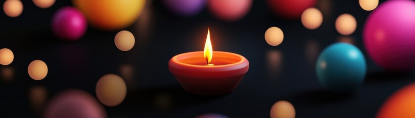 A vibrant scene featuring a lit candle surrounded by colorful spheres against a dark background, creating a warm and inviting atmosphere.