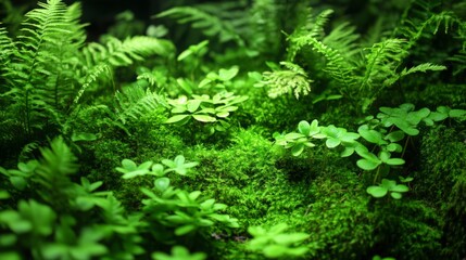 Close-up of a bed of dark green moss and ferns, minimal sunlight filtering through, rich textures and details