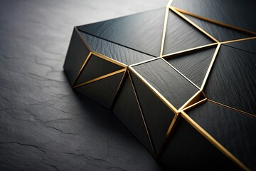 Abstract black geometric shape with gold crack on dark surface at a tilted angle