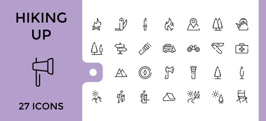 Hiking line web icon set. Contains related to climber, tourism, Climbing, adventure, outdoors, climbing and more. Perfect for logos and infographics. Editable stroke.
