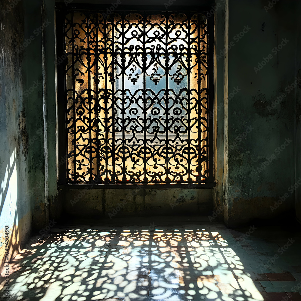 Poster intricate shadows cast by a window with iron bars, creating a play of light on the ground