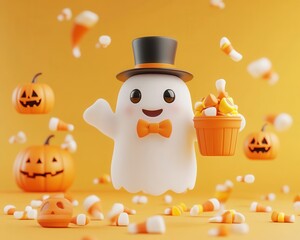 Fototapeta premium A Friendly Ghost Dressed in a Top Hat Holding a Basket of Candy Corn