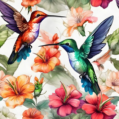 Obraz premium Watercolor seamless pattern of hummingbirds flying around colorful flowers.
