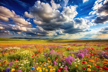 A sunny day in a vibrant flower field with fluffy clouds above