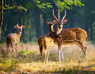 Obraz premium A spotted deer standing and looking attentively inside Nijhum Dwip