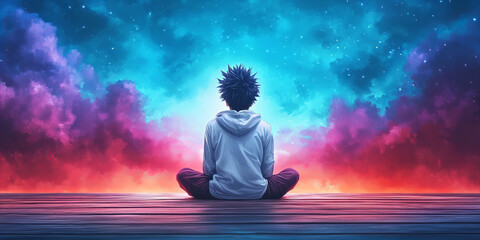 Obraz premium Mystical web banner envisioning person meditating under vivid multicolored dusk sky contemplating universe
