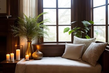 Fototapeta premium Minimalist meditation corner with pillows, candle, and potted plants